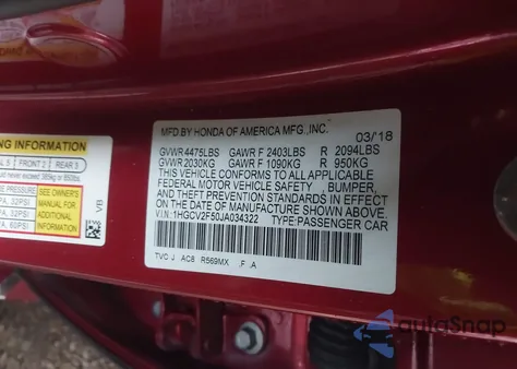 2018 Honda Accord Ex-L 2.0T from USA, damaged, VIN 1HGCV2F50JA034322